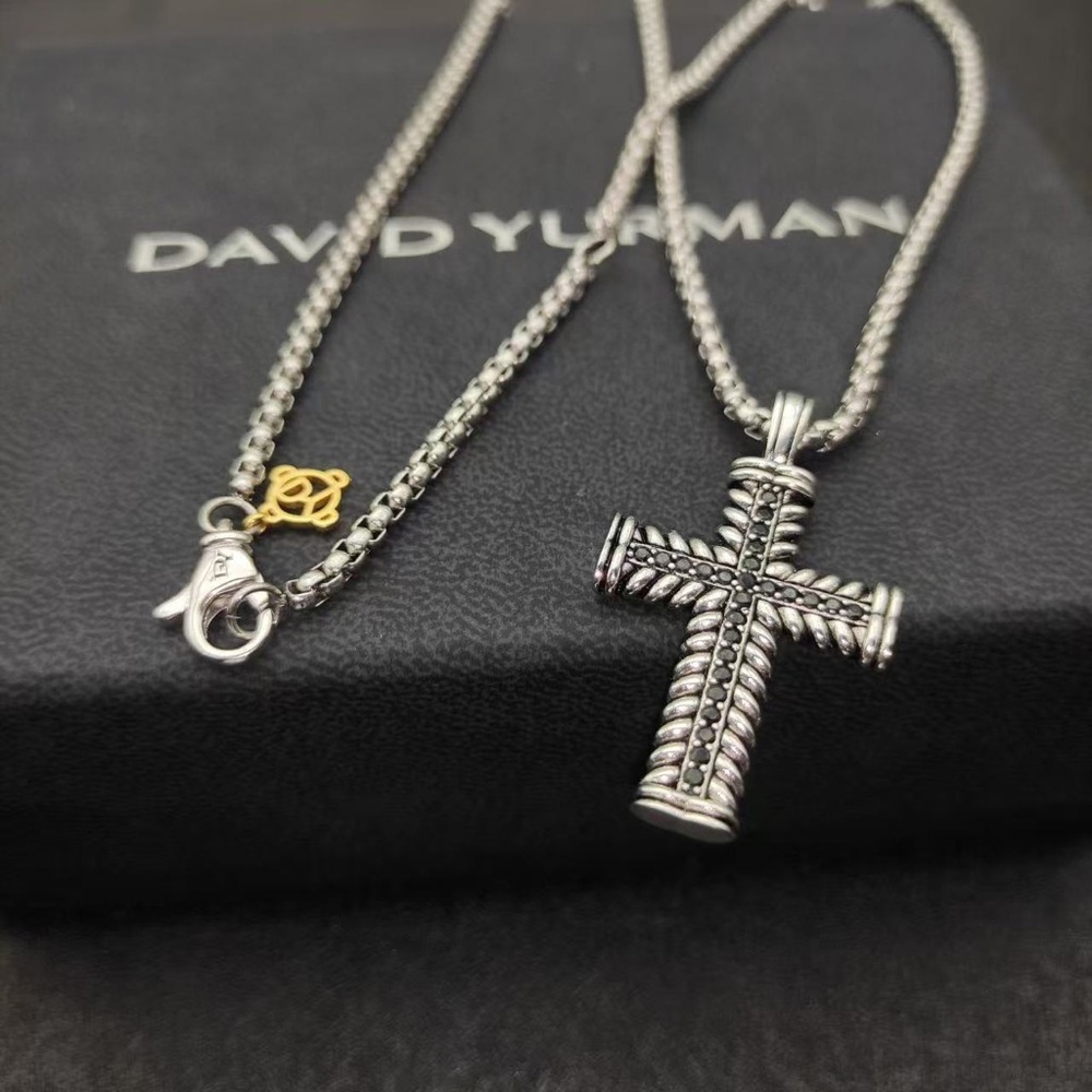 David Yurman Cable Cross Necklace Sterling Silver Black Pavé Stones